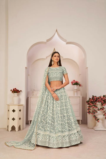 Aastha Fashion Turquoise Green Butterfly Net White Cotton Thread Work, Zari Work And Sandwich Sequence Work Embroidery Wedding Wear Lehenga Choli - Distacart