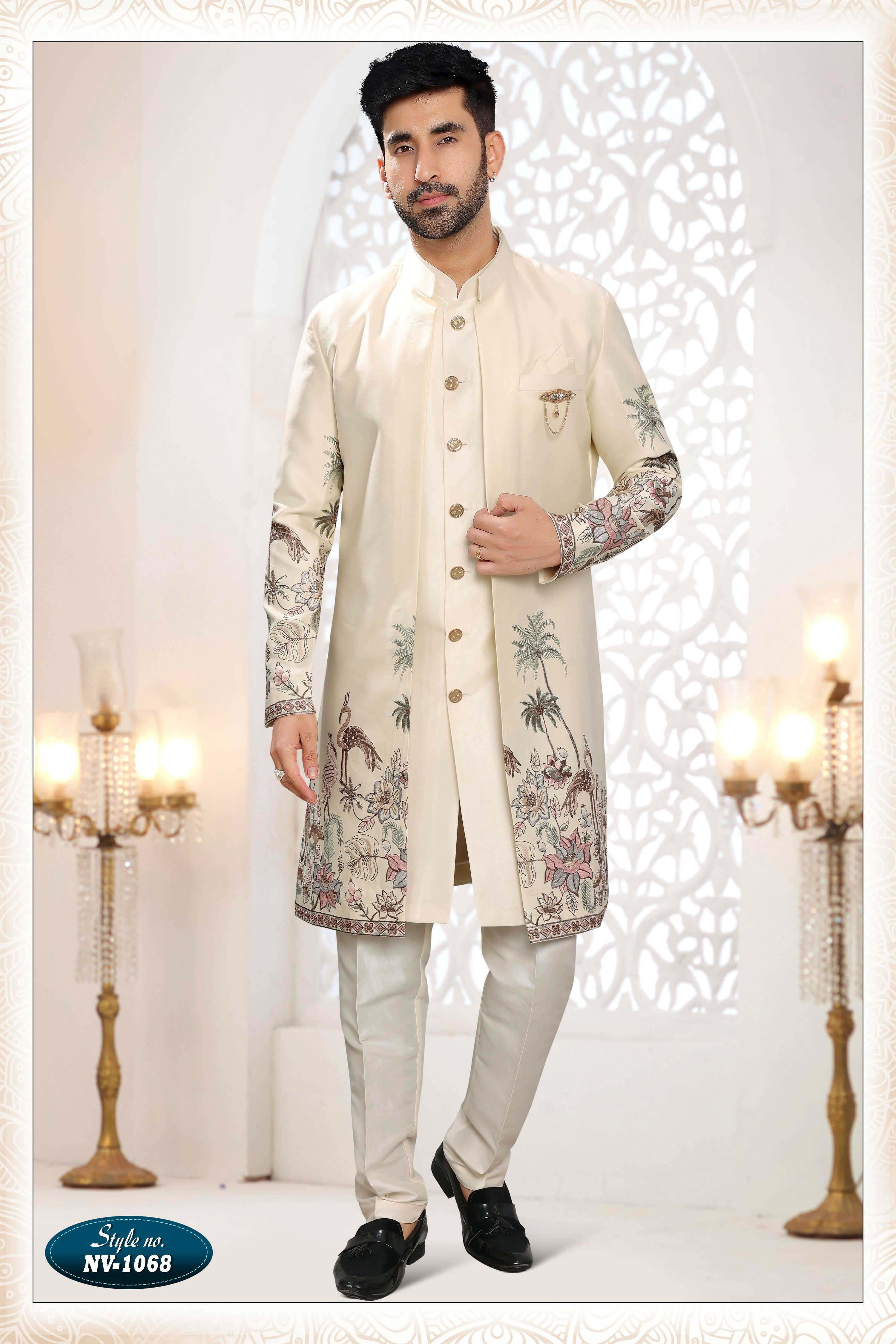 Joban Fashion Men's Cream Straight Silk Thread And Sequence Embroidery All Over 3 Pc Kurta Set - Distacart