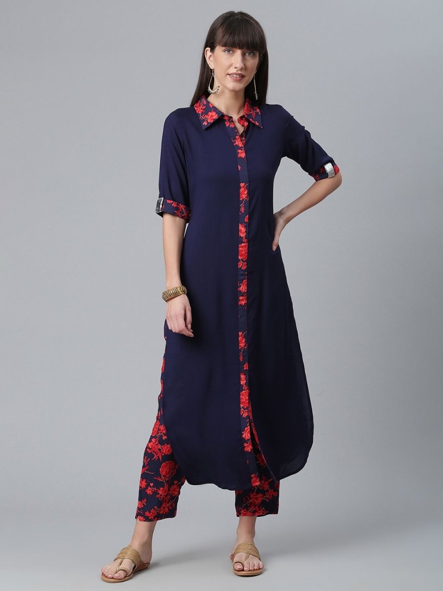 Ahalyaa Navy Blue Solid Rayon Kurta Pant Set