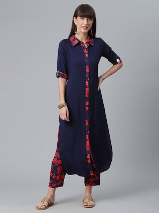 Ahalyaa Navy Blue Solid Rayon Kurta Pant Set