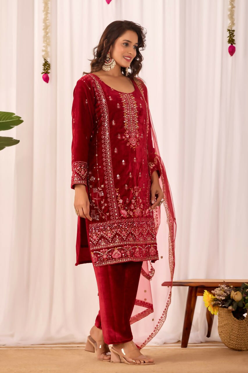 Joban Fashion Red Kurta Set Velvet Embroidery Sequence Work - Distacart