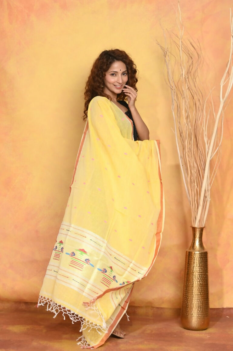 Very Much Indian Handloom Pure Cotton Paithani Dupatta - Yellow - Distacart
