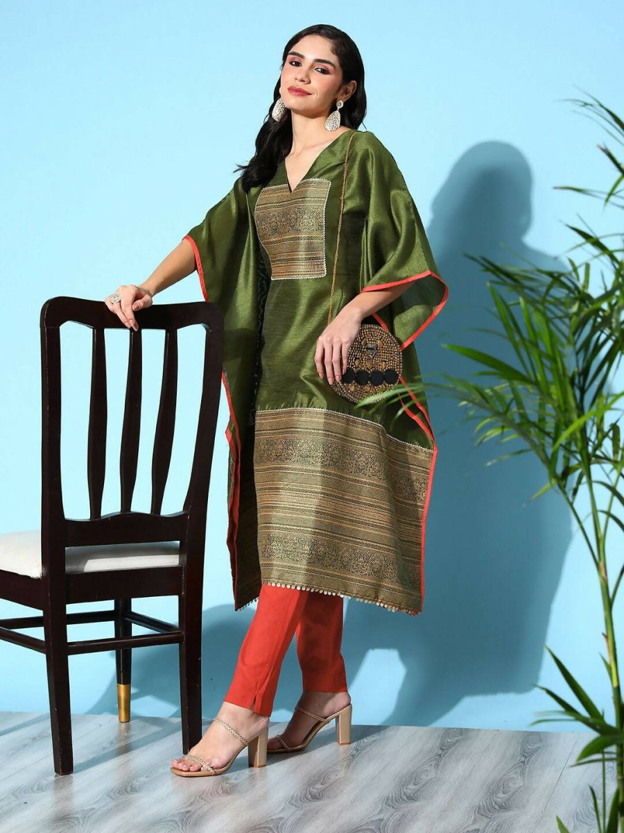 Ahalyaa Women Mehendi Poly Silk Gold Printed Kaftan Kurta - Distacart