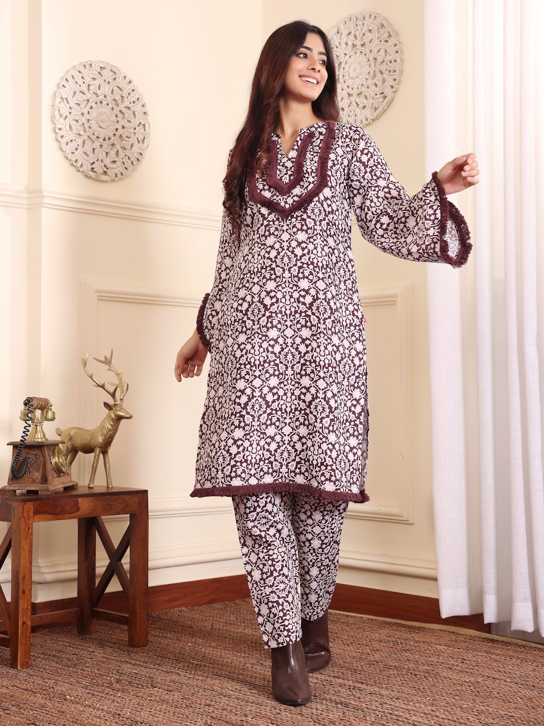 Varanga Women Coffee Brown Printed Winter Straight Kurta With Printed Bottom - Distacart