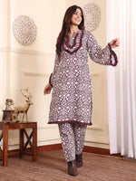 Thumbnail for Varanga Women Coffee Brown Printed Winter Straight Kurta With Printed Bottom - Distacart