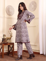 Thumbnail for Varanga Women Coffee Brown Printed Winter Straight Kurta With Printed Bottom - Distacart