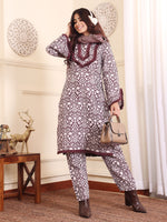 Thumbnail for Varanga Women Coffee Brown Printed Winter Straight Kurta With Printed Bottom - Distacart