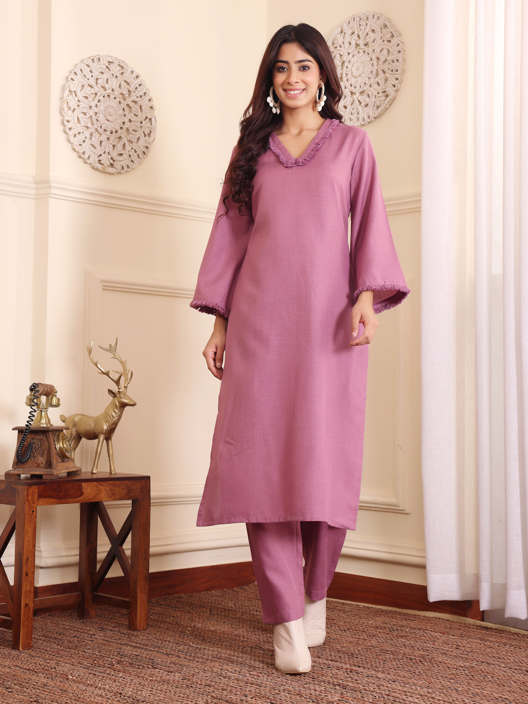 Varanga Women Purple Fringed V Neck Kurta Set - Distacart