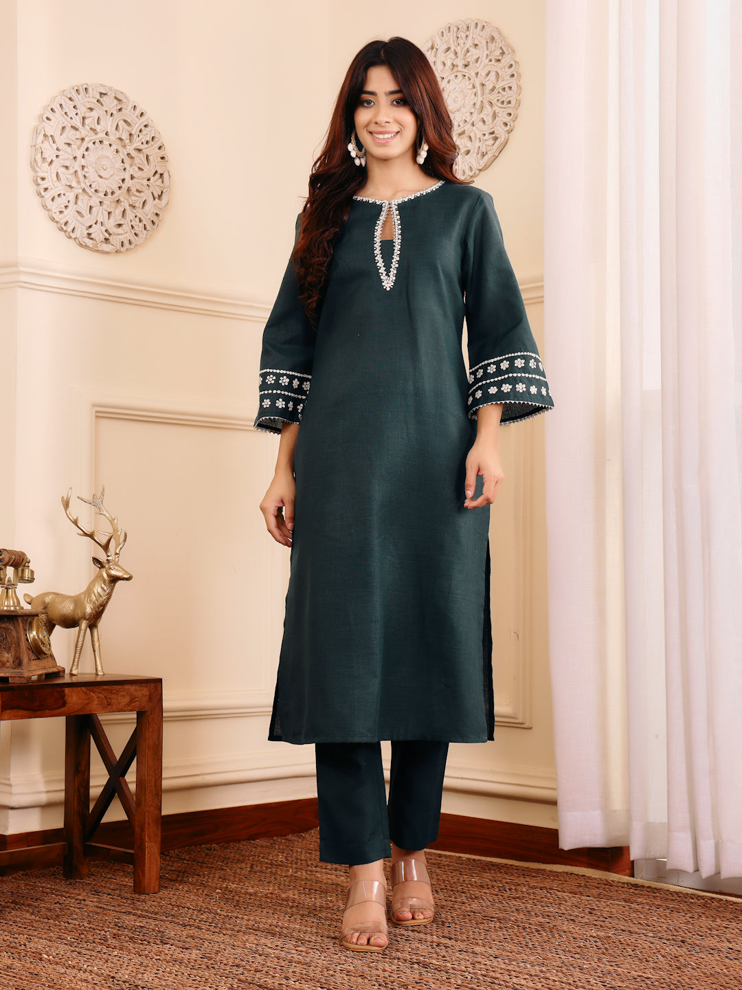 Varanga Women Bottle Green Embroidered Kurta Set - Distacart
