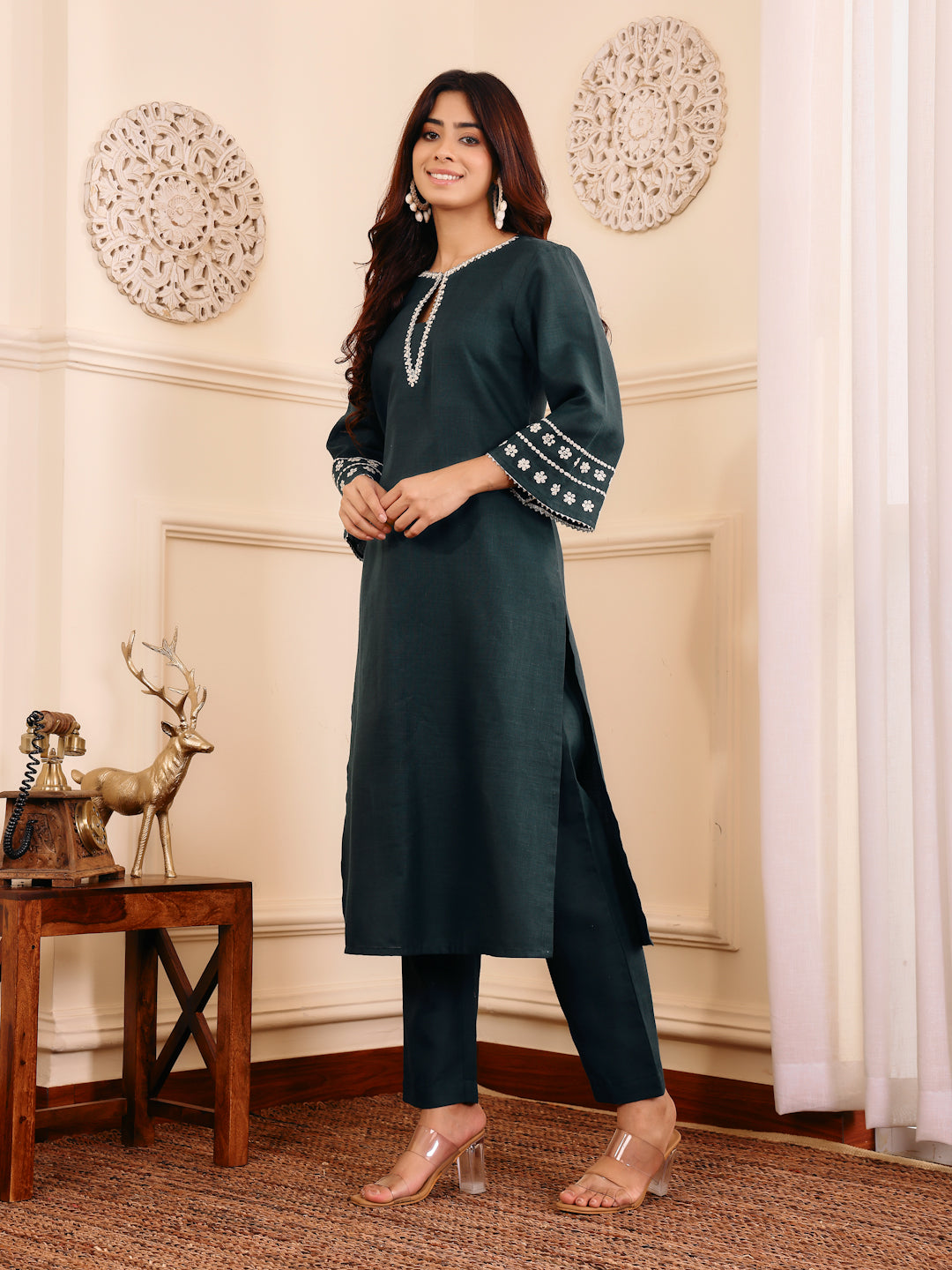 Varanga Women Bottle Green Embroidered Kurta Set - Distacart