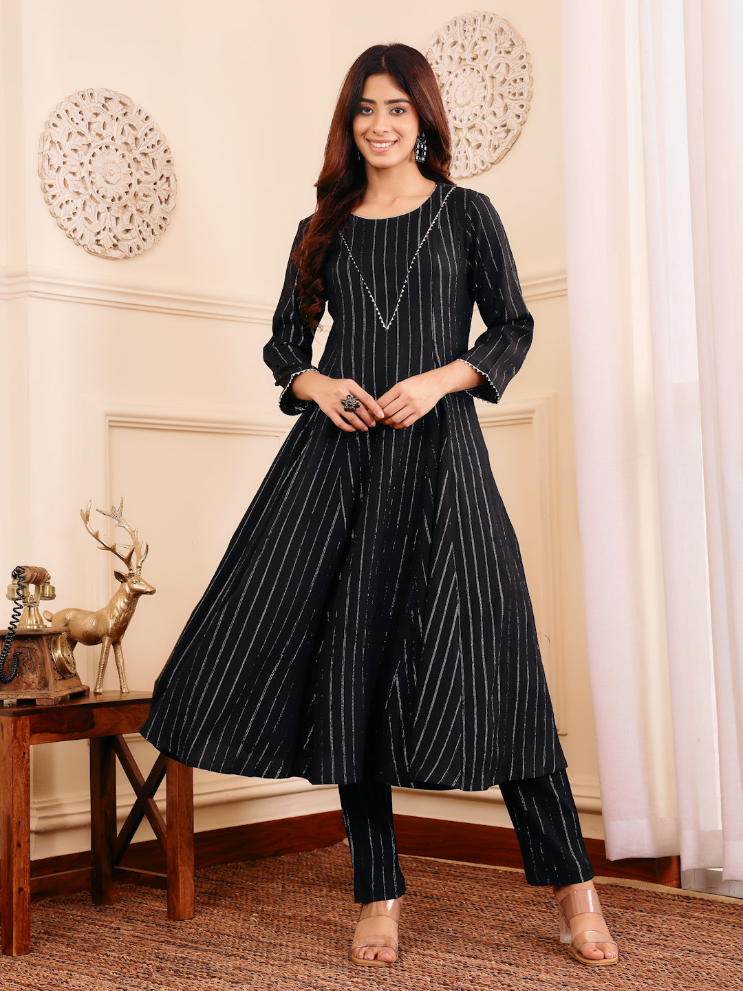Varanga Women Black Lurex Crepe Anarkali Kurta With Trousers - Distacart
