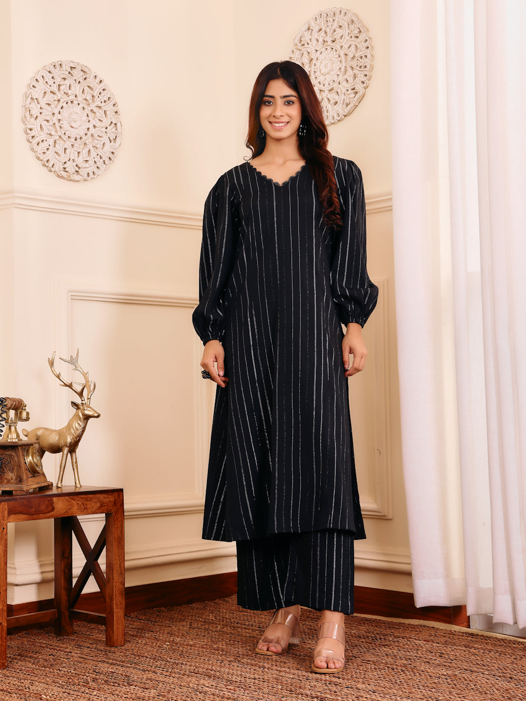 Varanga Women Black Lurex A- Line Kurta With Trousers - Distacart