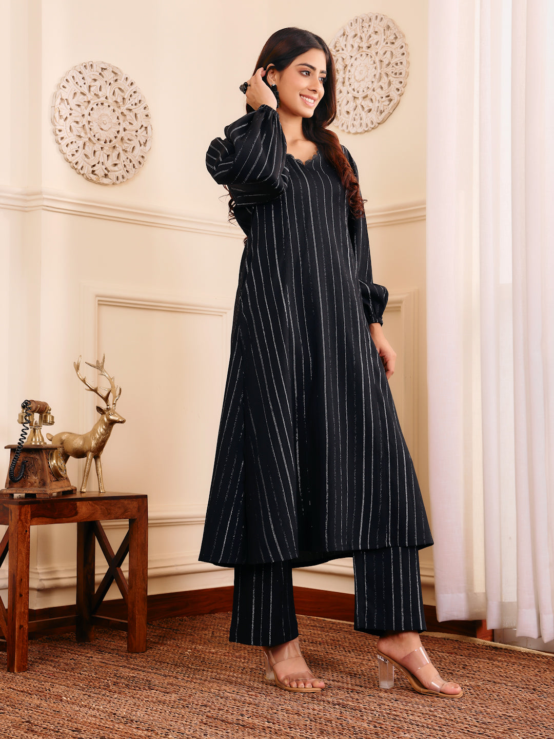 Varanga Women Black Lurex A- Line Kurta With Trousers - Distacart