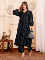 Thumbnail for Varanga Women Black Lurex A- Line Kurta With Trousers - Distacart