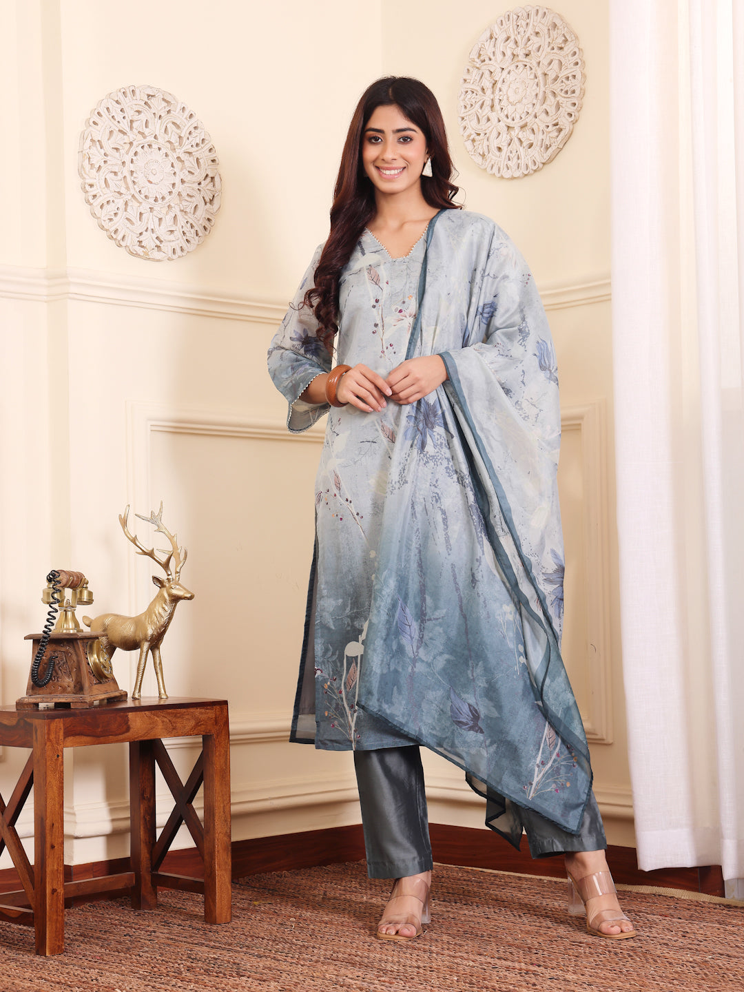 Varanga Women Grey Blue Floral Printed Straight Kurta With Trousers And Dupatta - Distacart