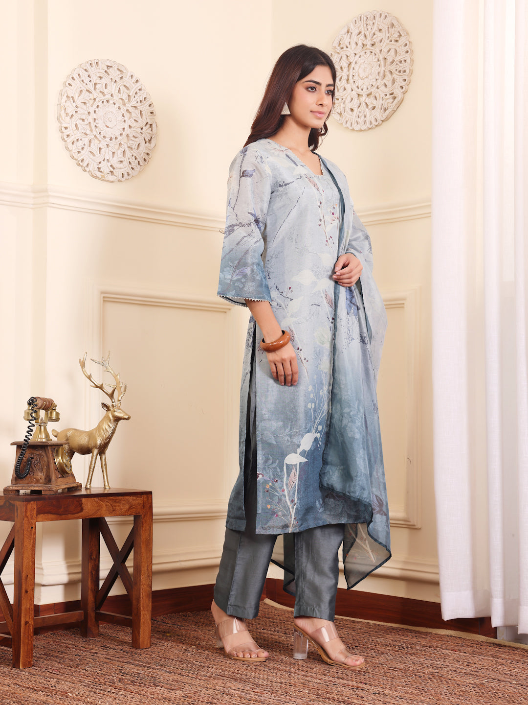 Varanga Women Grey Blue Floral Printed Straight Kurta With Trousers And Dupatta - Distacart