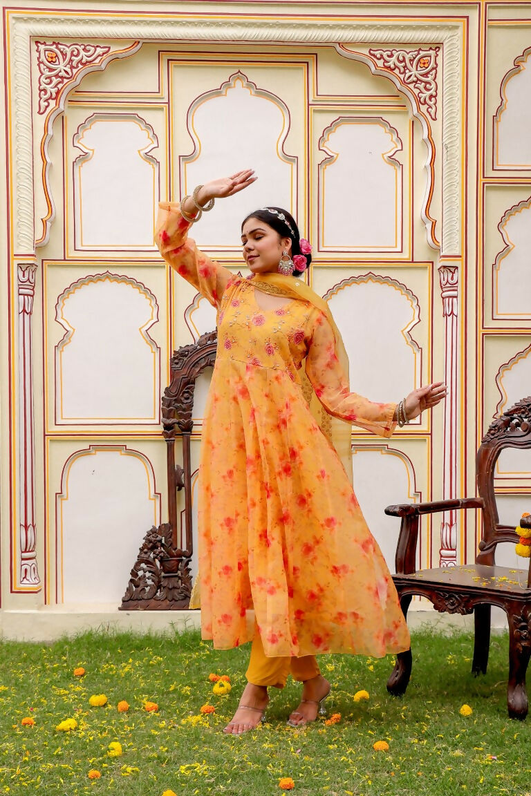 Vaasva Women Yellow Organza Floral Embroidered Anarkali Kurta, Pant & Dupatta set - Distacart