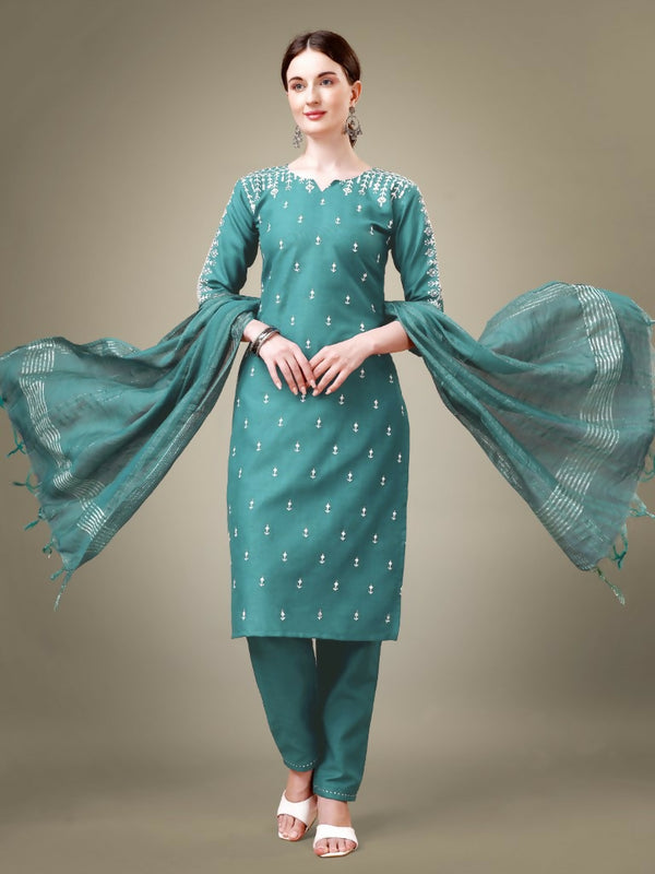 Jyoti Fashion Women's Teal Cotton Blend Embroidery & Sequence work Kurta with Trouser & Dupatta - Distacart