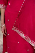 Thumbnail for The52 Red Women's Gorgeous Embroidered Rayon Slub Fabric Straight Kurta Pant with Dupatta Set - Distacart