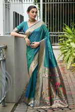 Thumbnail for Vishnu Weaves Women's Rama Paithani Silk Zari Woven Saree with Blouse