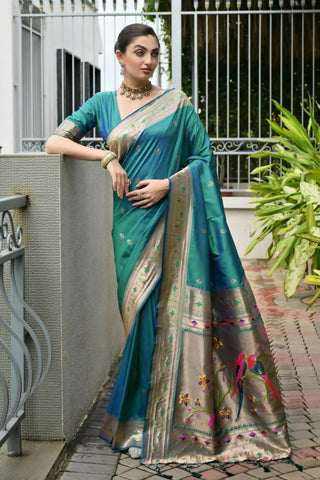 Vishnu Weaves Women's Rama Paithani Silk Zari Woven Saree with Blouse