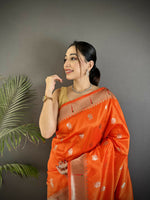 Thumbnail for Joban Fashion Orange Peacock & Floral Motifs Soft Silk Kanchipuram Saree - Distacart
