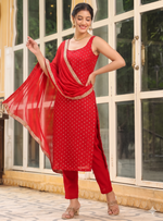 Thumbnail for Teeya Creation Womens New Elegant Red Embroidered Kurti with Matching Bottom Set - Dista