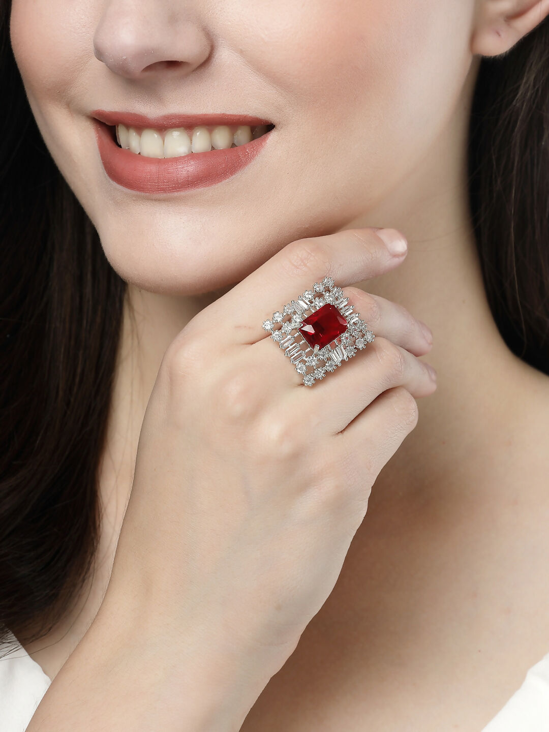 NVR Women's Red & Silver CZ-Studded Square-Shaped Adjustable Finger Ring - Distacart