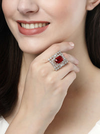Thumbnail for NVR Women's Red & Silver CZ-Studded Square-Shaped Adjustable Finger Ring - Distacart