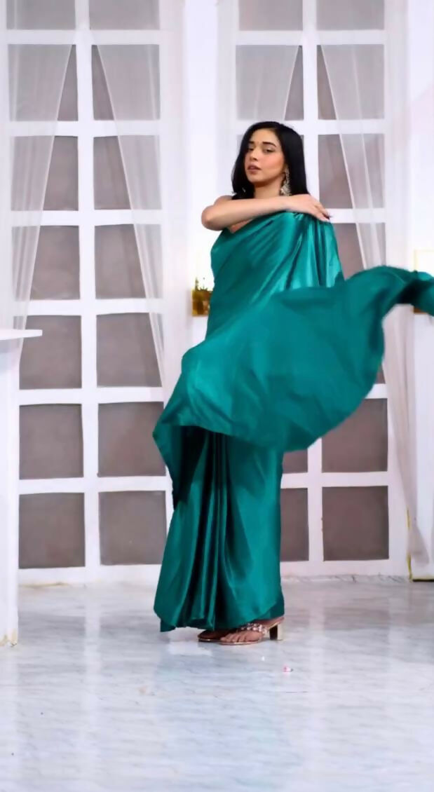 Malishka Satin Silk Solid Ready To Wear Saree With Blouse Piece - Rama - Distacart