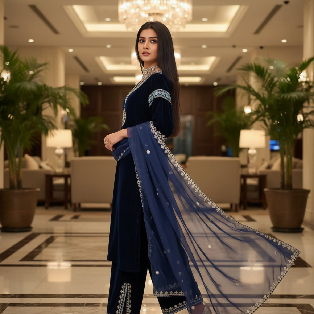 Joban Fashion Blue Velvet Embroidery Sequence Work Readymade Kurta Set - Distacart
