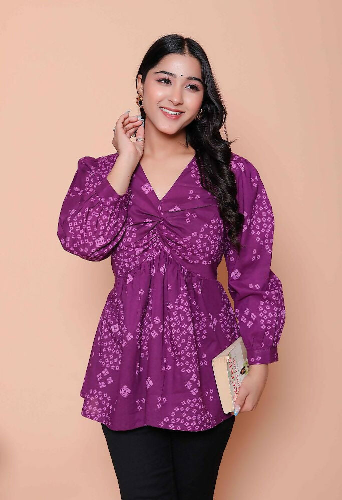 Miravan Womens Purple Bandhani Printed Butterfly Style Top - Distacart