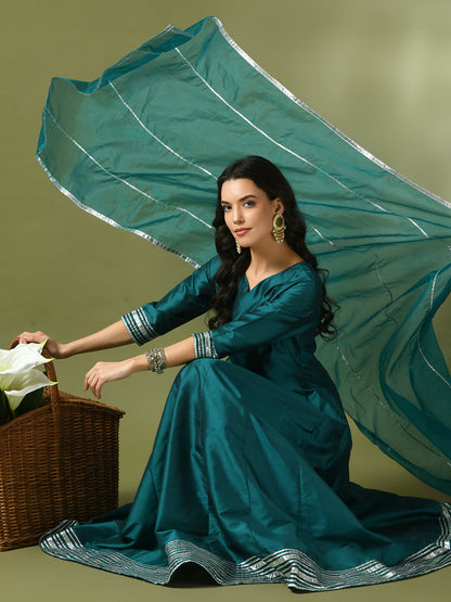 Myshka Women's Teal Solid Silk Anarkali Party Kurta With Dupatta - Distacart