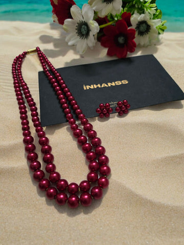 Inhanns Everyday Workwear Pearl Set (Double Layered Pearls) - Coral Red - Distacart