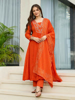 Thumbnail for The52 Orange Women's Gorgeous Embroidered Chinon Fabric Flared Kurta Pant and Dupatta Set - Distacart