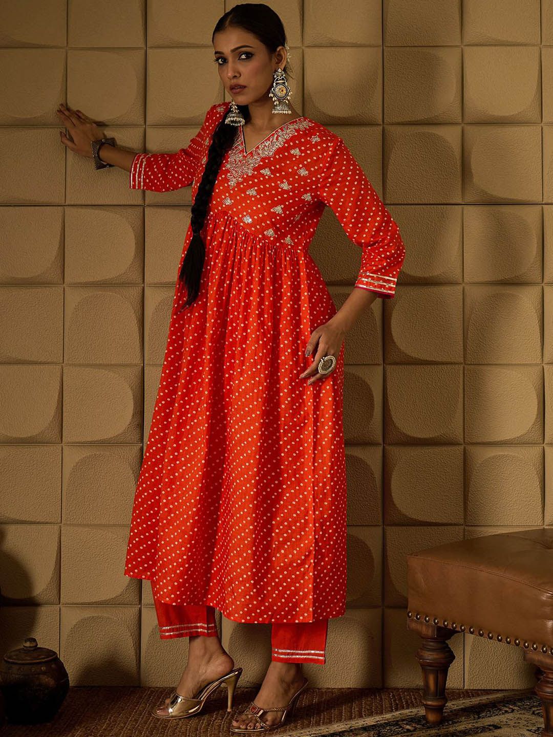 Indo Era Bandhani Embroidered Empire Sequined A-Line Pure Cotton Kurta With Trousers
