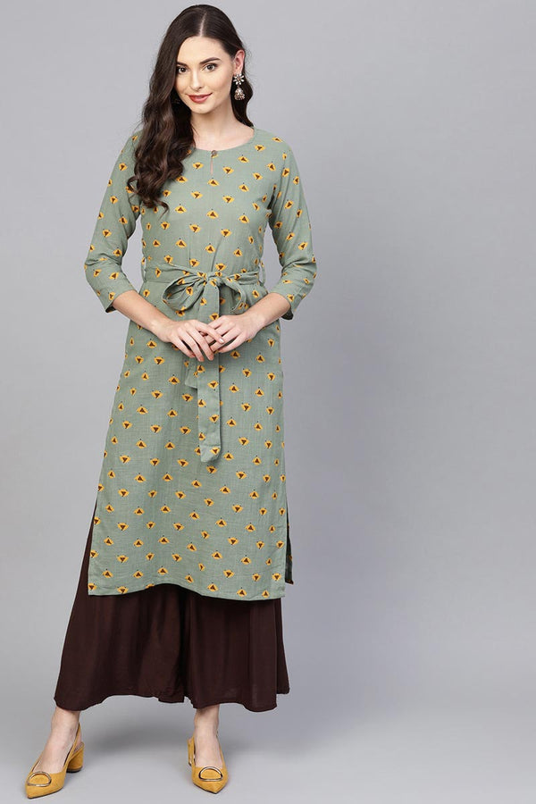 Ahika Women Festive Wear Cotton Fabric Green Color Printed Trendy Kurti - Distacart