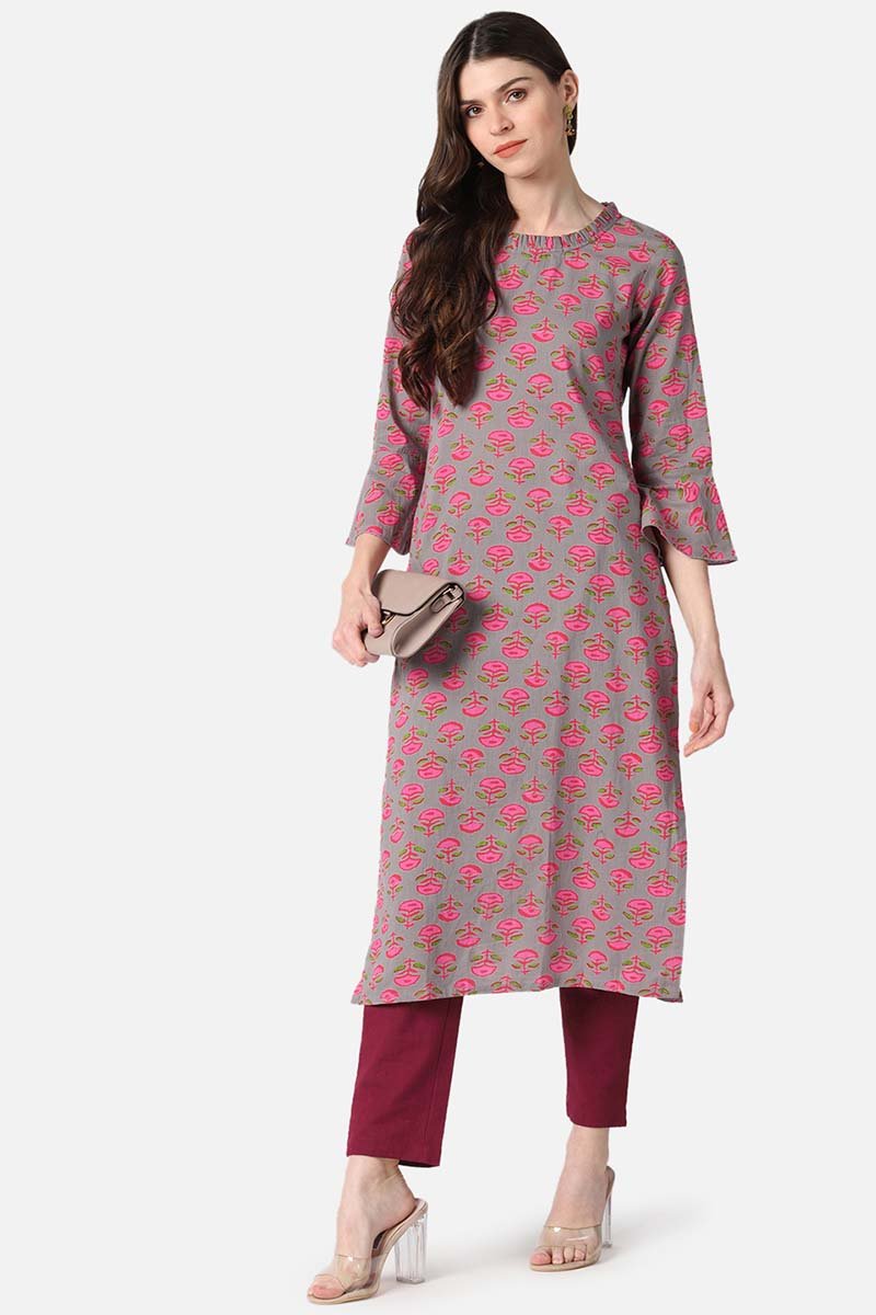 Ahika Dark Beige Cotton Fabric Printed Fancy Daily Wear Kurti