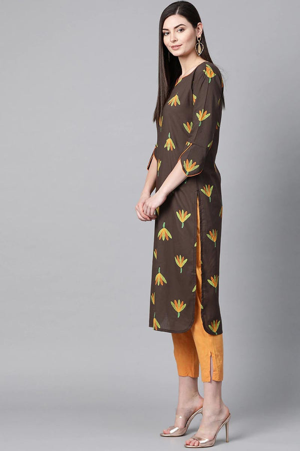 Ahika Women Cotton Fabric Printed Simple Function Wear Brown Kurti - Distacart
