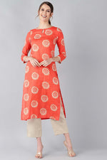 Thumbnail for Ahika Women Coral Orange & Beige Screen Printed Straight Kurta - Distacart