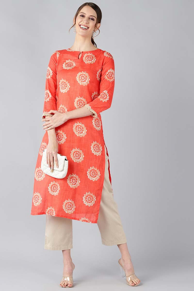 Ahika Women Coral Orange & Beige Screen Printed Straight Kurta - Distacart