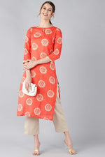 Thumbnail for Ahika Women Coral Orange & Beige Screen Printed Straight Kurta - Distacart