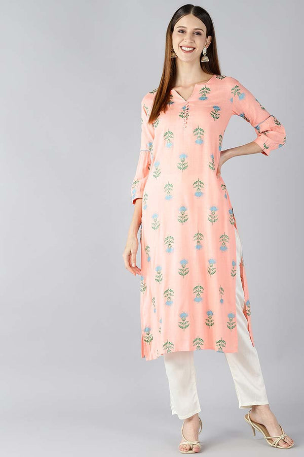 Ahika Women Peach Coloured & Blue Printed Straight Kurta - Distacart