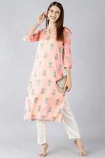 Thumbnail for Ahika Women Peach Coloured & Blue Printed Straight Kurta - Distacart
