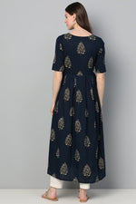 Thumbnail for Ahika Women Navy Blue Floral Printed Keyhole Neck Kurta - Distacart