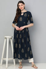 Thumbnail for Ahika Women Navy Blue Floral Printed Keyhole Neck Kurta - Distacart