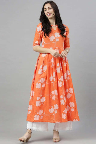 Ahika Orange Floral Printed Keyhole Neck Kurta - Distacart