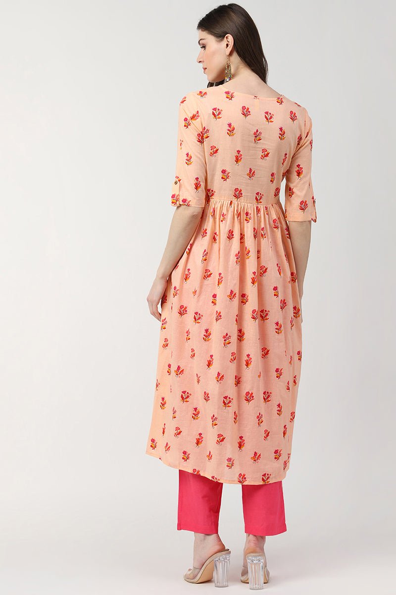 Ahika Peach Cotton Ethnic Motifs Printed A Line Kurti