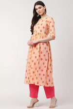 Thumbnail for Ahika Peach Cotton Ethnic Motifs Printed A Line Kurti