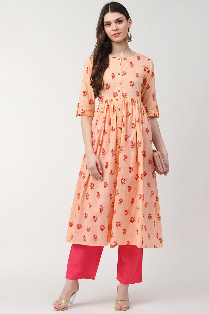 Ahika Peach Cotton Ethnic Motifs Printed A Line Kurti